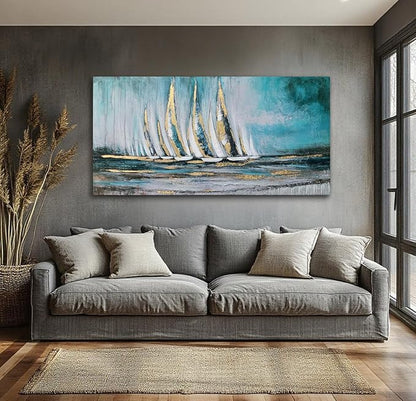 Anolyfi Blue Abstract Canvas Wall Art Teal Ocean Sailboat Picture Modern - Image 2