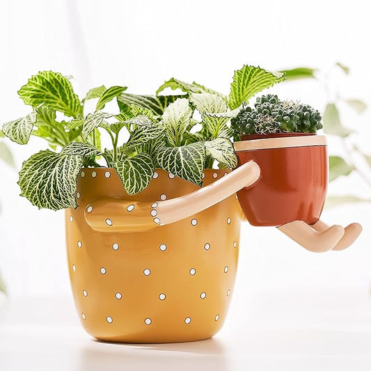VIRTUNE Adorable Plant Pots. 5" Flower Pot & 2" Small Pot with Drainage. Gifts for Plant Lovers, Indoor Planters, Small Plant Pots, Cute Pots (Mustard)