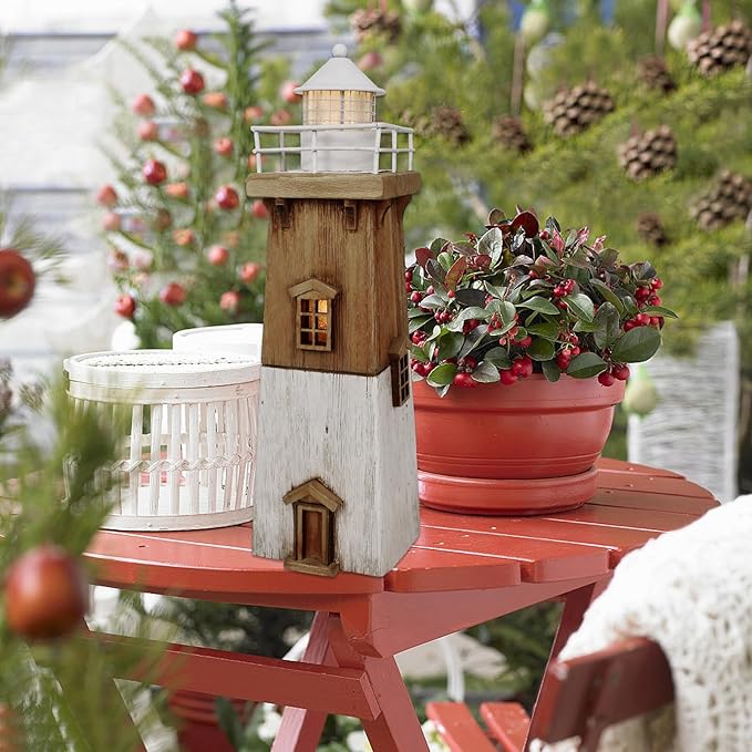 Wooden Lighthouse Decor with Light, Decorative Nautical Lighthouse Rustic Ocean Sea Beach Themed Lighthouse Decoration, Handcrafted Tabletop Nautical Themed Home Decor Bathroom Decor (13.78“H)