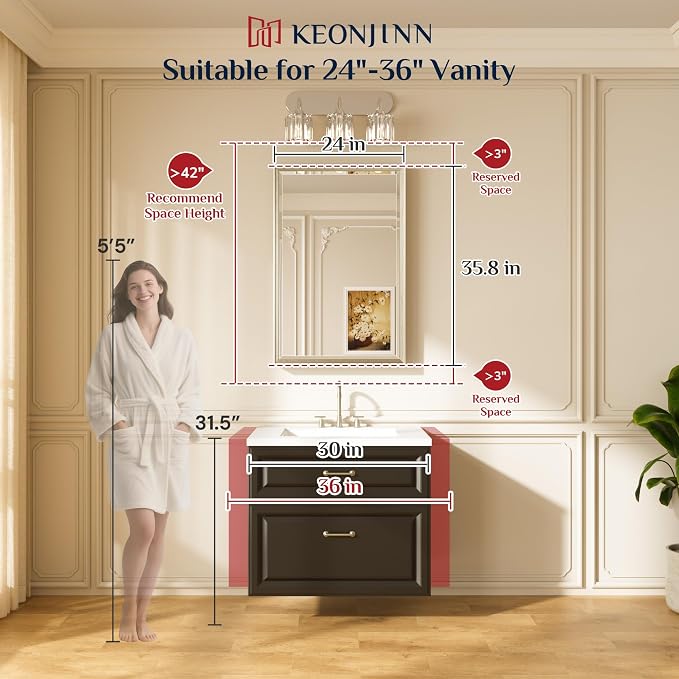 Keonjinn Brushed Nickel Bathroom Mirror 24" x 36", Sculpted Wide Frame - Image 2