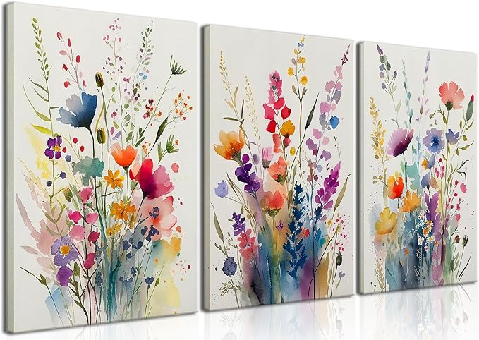 KISSFOX 3 Piece Canvas Wall Art Wildflowers Wall Decor Floral Pictures by KISSFOX