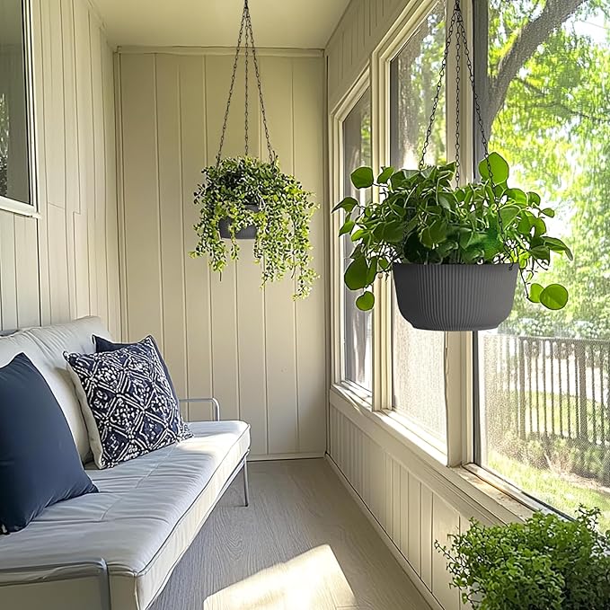 T4U 10 Inch Hanging Planters for Indoor Outdoor Plants, Hanging Plant Pot Pack of 2, Self Watering Hanging Pots with Drainage Hole & Plug & Chain with 3 Hooks for Garden Home Decor, Grey