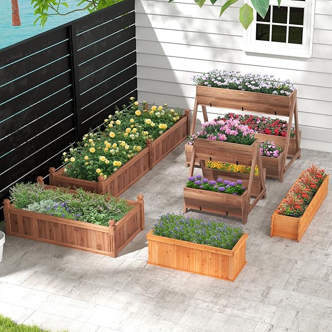 HAPPYGRILL Raised Garden Bed, Outdoor Elevated Flower Box w/ 4 Drainage Holes & Detachable Bottom Panels, Wood Planter Box for Vegetables Flowers Herbs & Fruits Growing, 31” x 14” x 12”