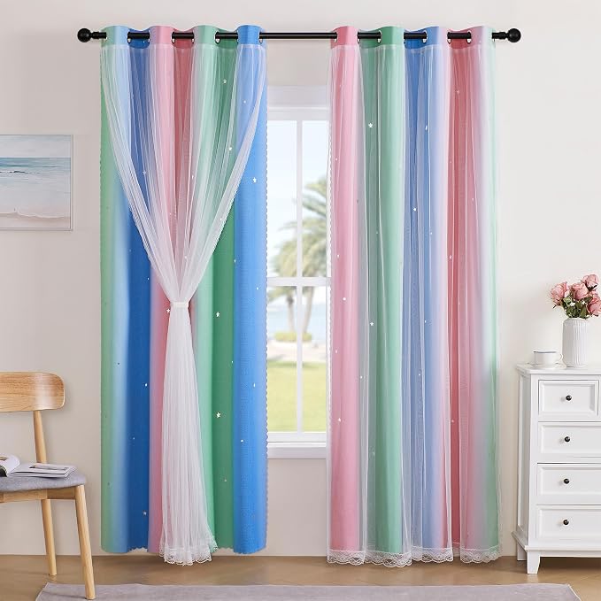 XiDi Curtains for Bedroom Decor, Rainbow Pink GreenBlue52/90/1 by Addsomecolortolife