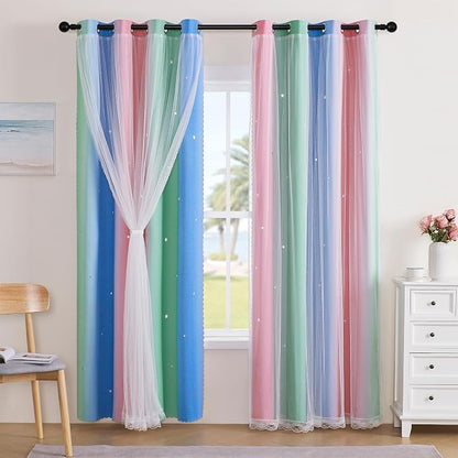 XiDi Curtains for Bedroom Decor, Rainbow Pink GreenBlue52/90/1 by Addsomecolortolife