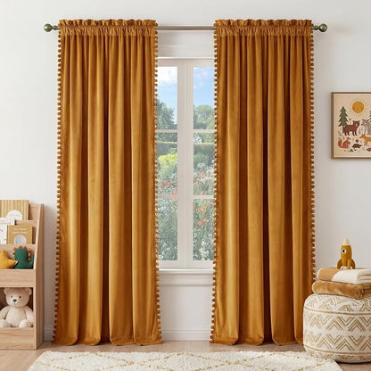 NICETOWN Mustard Gold Pom Pom Velvet Curtains 84" Long by NICETOWN