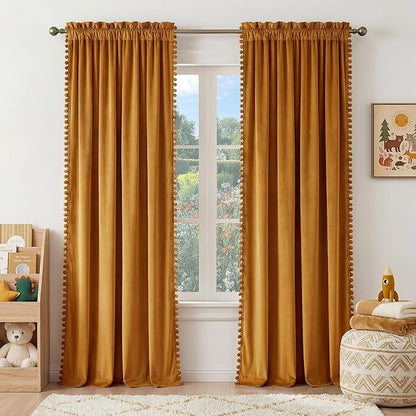 NICETOWN Mustard Gold Pom Pom Velvet Curtains 8 ft Long by NICETOWN