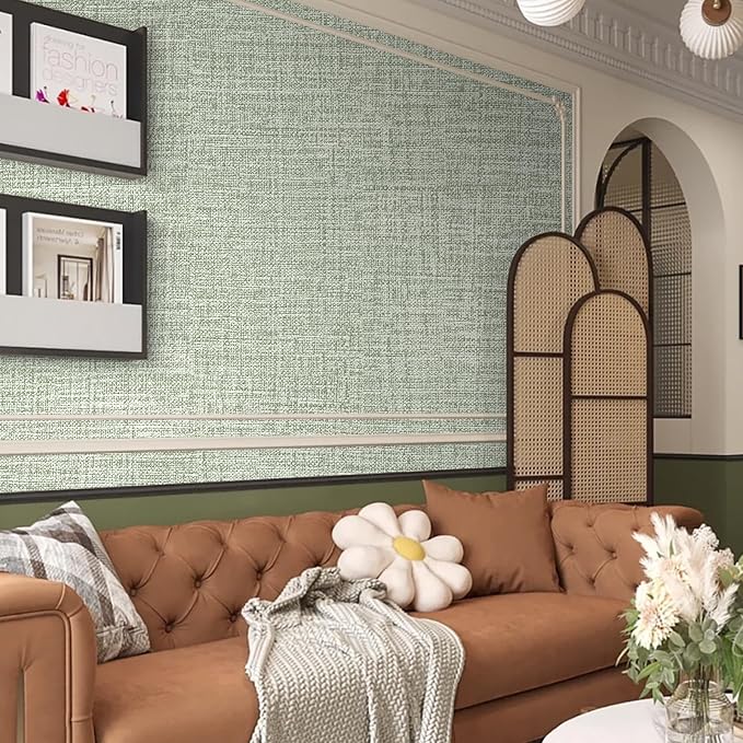 Green Grasscloth Peel and Stick Wallpaper 17.3"x120" Faux Linen Textured - Image 7