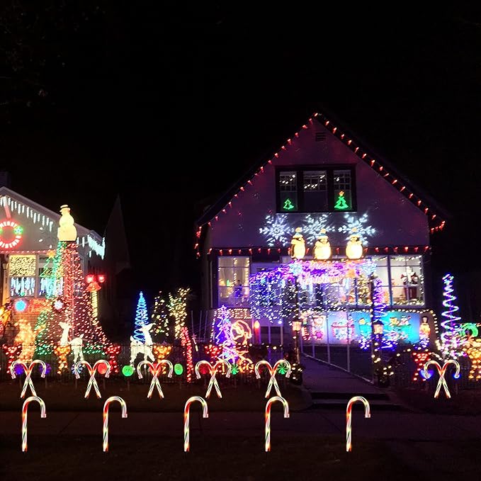 10" Christmas Candy Cane Lights - Set of 10 Pathway Markers Christmas Outdoor Yard Decorations, Xmas Candy Canes Stake Lights for Lawn Walkway Garden, Xmas Party Indoor Ornaments