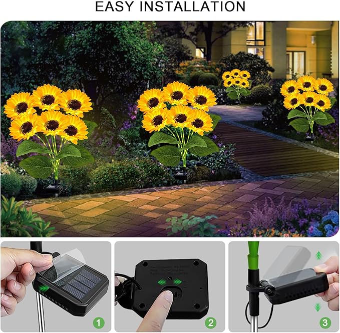 2 Pack with 12 Solar Sunflower Garden Lights Warm White LED Outdoor Decorative Stake Lights for Yard, Patio, Lawn, Pathway, IP65 Waterproof, Ideal Gift for Women, Mom, Grandma, Friends