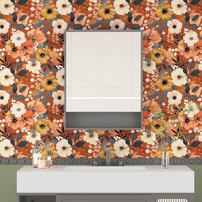BOKEBEVE Orange Wallpaper Peel and Stick Retro Floral Contact Paper Self - Image 6