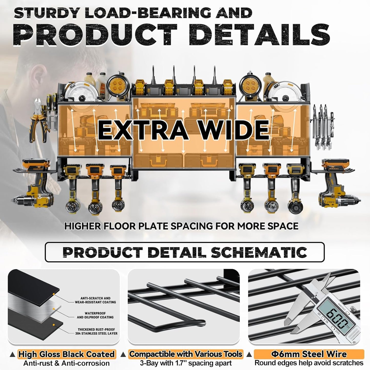 Upgrade Large Power Tool Organizer Wall Mount with Charging Station Tool Storage Rack with 6.5FT Power Strip 10 Drill Holder and Storage Rack for Garage Organization