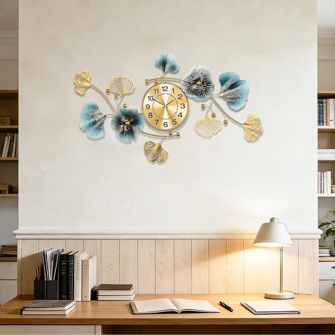 Wall Clocks for Living Room Decor, Large Wall Clock, 3D Creative Metal Ginkgo - Image 6