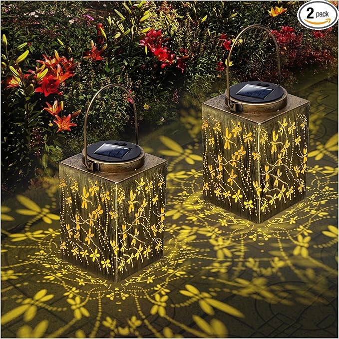 2 Pack Solar Lanterns Outdoor Waterproof - Metal Solar Garden Lights for Patio Porch Yard Garden Decor, Christmas Birthday Gifts for Women Mom Men (Dragonfly)