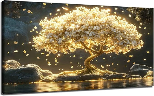 Large Tree of Life Canvas Wall Art Abstract Gold Tree Mountain Lake Decor by TXNXFKSUWallArt
