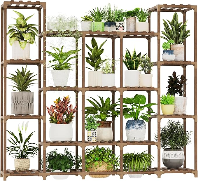 Large Plant Shelf 17 Pots Plant Stand Indoor Outdoor Tall Plant Rack Wood for Indoor Plants Multiple Plant Holder for Patio Balcony Garden Flower Stand Load-Bearing 600 LBS
