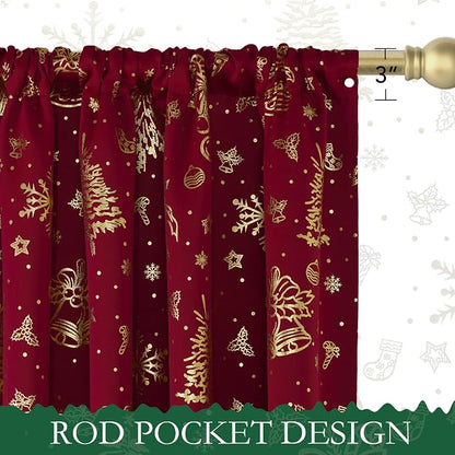 NICETOWN 2 Panels Red Christmas Curtains W42 x L63 in, Rod Pocket Gold Stamping - Image 2
