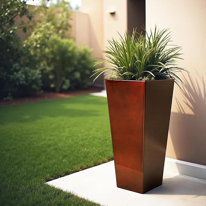 WORTH Garden 28" Large Metal Glazed Planter Set of 2, Luxurious Glossy Finish Red Tall Square Tapered Steel Plant Pots, Decor Flower Pot Indoor & Outdoor, Drainage Hole & Dual-Purpose Plant Saucer