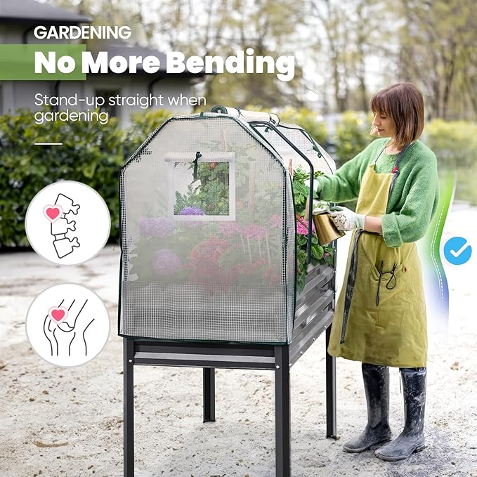 KING BIRD Large Raised Garden Bed with Cover & Netting Galvanized Elevated Planter Box with Legs 48×24×56 in for Backyard, Patio, Balcony, 400lb Capacity, Dark Grey