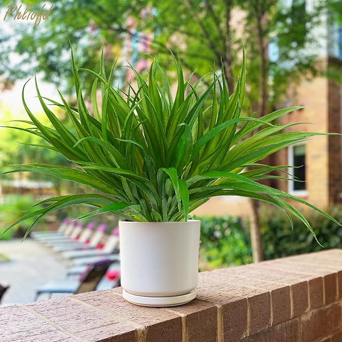 6Pcs Artificial Grass Fake Plants 17.3in 16 Leaves Outdoor Fake Grass UV Resistant Greenery Plastic Plants for Home Window Garden Office Patio Hanging Planter Pathway Front Porch Décor