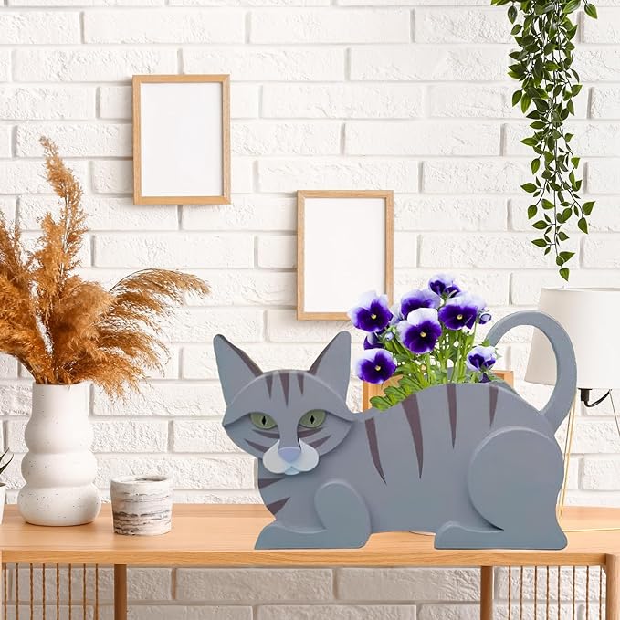 Blue Cat Planter Plant Pots,Cute Garden Cat Flower Planter,Cat Planters Birthday Gifts for Women,Office,Indoor/Outdoor Decor（12.5 * 5.6 * 7.8in）