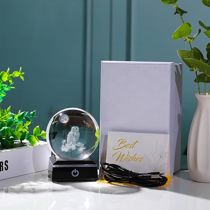 Qianwei Owl Gifts for Women 3D Crystal Ball 3.14'' - Laser Owl Decor Glass Animals Bird Figurines Statue Stuff for Room Decorations Bird Night Light