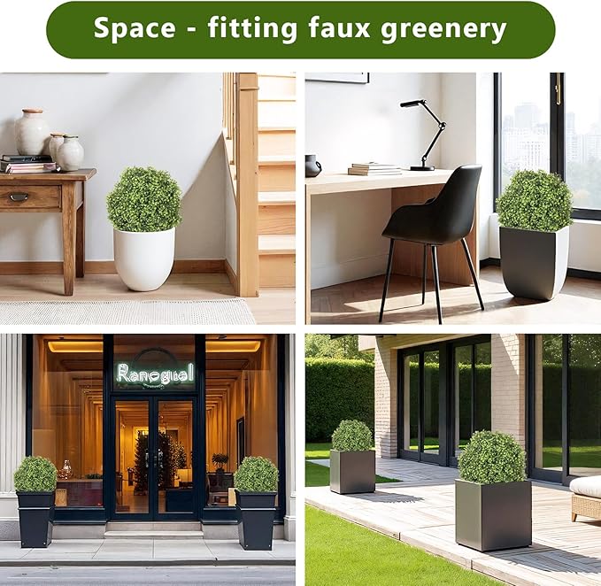 THE BLOOM TIMES 2ft Boxwood Topiary Ball Trees Artificial Outdoor Set of 2, 24" Faux Evergreen Plants Outside UV Resistant Greenery, Fake Potted Bushes and Shrubs for Front Porch Planter Patio Decor