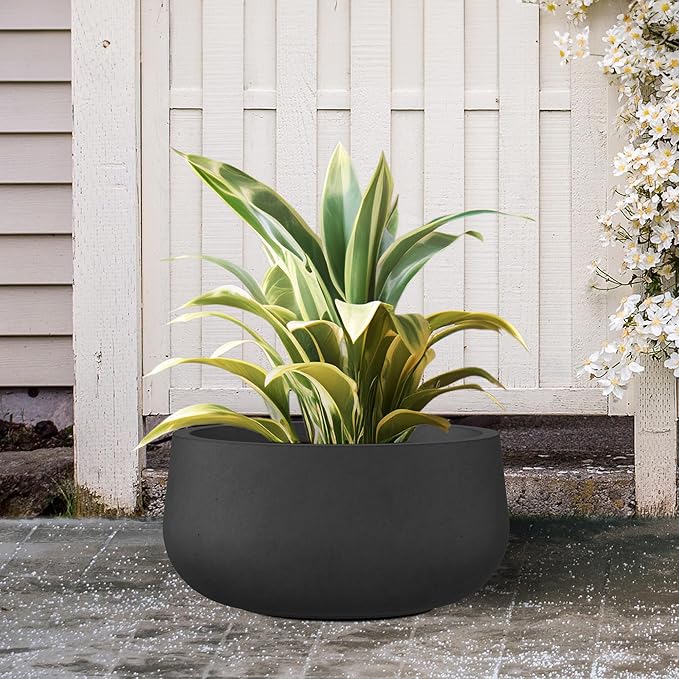 Kante 11.8" Dia Round Concrete Planter, Cement Plant Pots with Drainage Hole and Rubber Plug for Outdoor Indoor Garden Home, Modern Curvaceous Design, Black