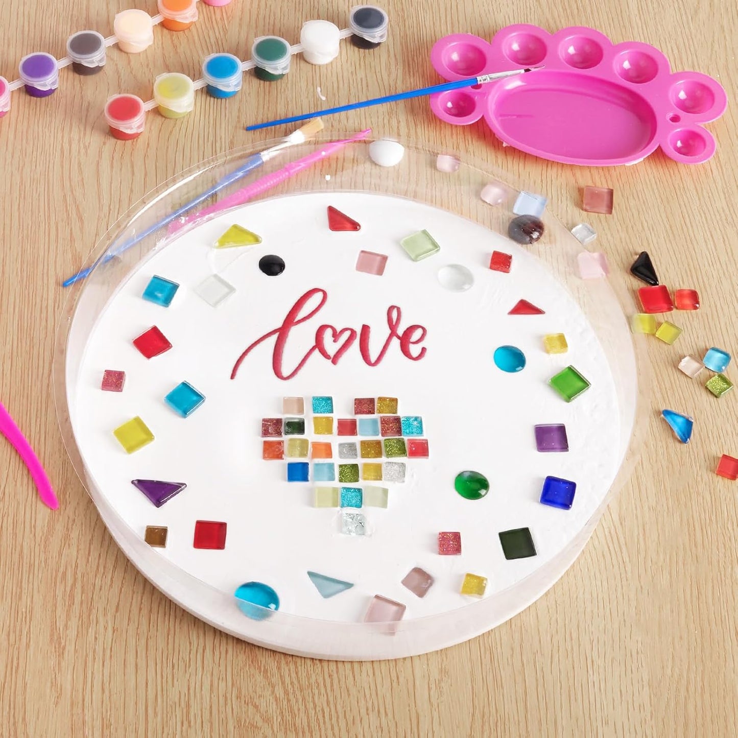 Concrete Stepping Stone Molds,Cement Molds Perfect for Creating Stepping Stones & Garden Markers, Include 300g Mosaic Tiles,Carving Tools and 12 Colors of Acrylic Paint, 10" diam (12pcs)