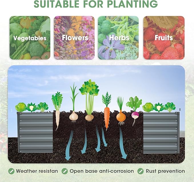 Raised Garden Bed 6x3x1.5FT - Galvanized Steel Planter for Outdoor Vegetables, Flowers, and Herbs - Tall Deep Root Box Kit with Gloves and 2 Compost Bags - Stylish Gray Design