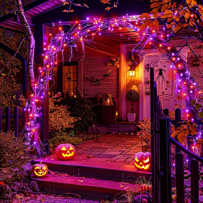 2 Pack Orange and Purple Halloween Lights, Total 151ft 400 LED Halloween Solar Lights Outdoor,8 Modes Solar String Lights Outdoor Waterproof