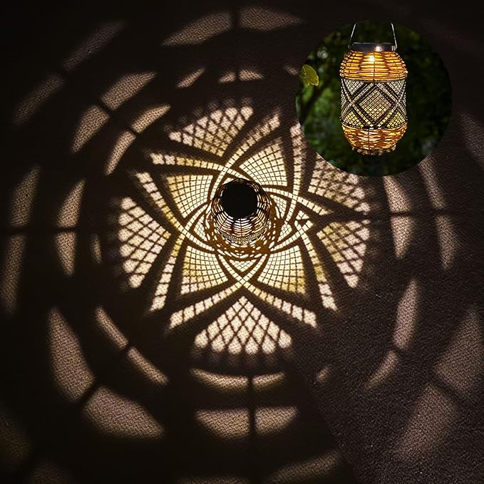 2 Pack Solar Lanterns Outdoor Waterproof,Rattan with Metal Hanging Solar Lights Boho Lanterns Decorative Lights with Handle for Patio Pathway Courtyard Tree Garden Yard Fence