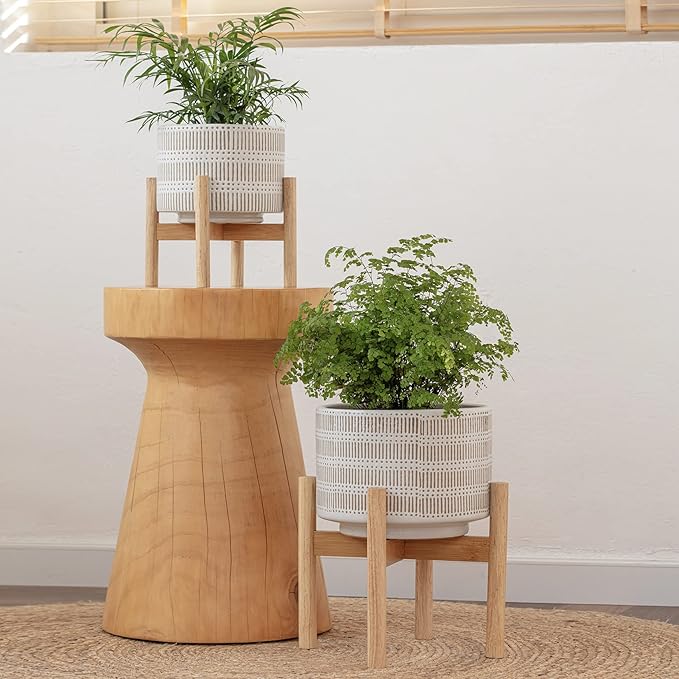LA JOLIE MUSE Ceramic Plant Pot with Wood Stand - 7.3 Inch Modern Round Decorative Flower Pot Indoor with Wood Planter Holder, Beige and White
