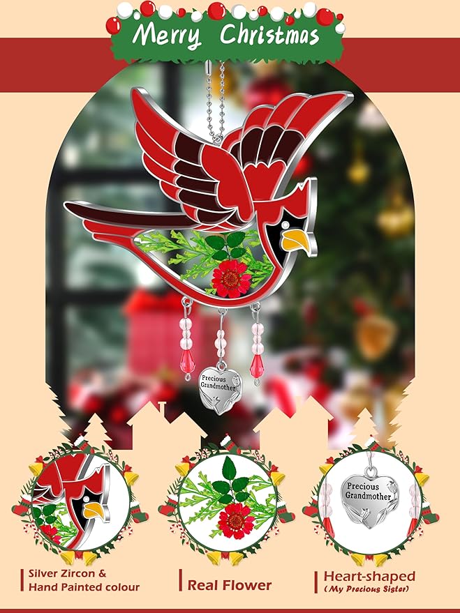 KY&BOSAM Cardinal Suncatcher Precious Grandmother Glass Hanging for Windows Wind Chime Ornament with Pressed Real Flowe and Heart Charm Birthday Gifts for Women Mother's Day Christmas