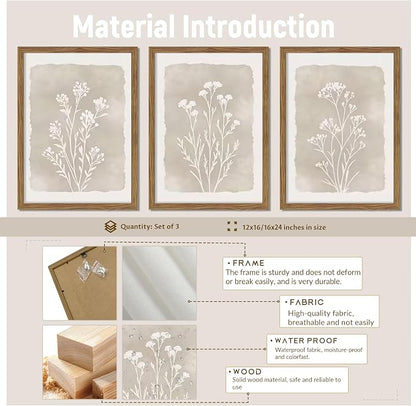Framed Boho Botanical Flower Wall Art Set of 3, Vintage Minimalist Neutral - Image 3