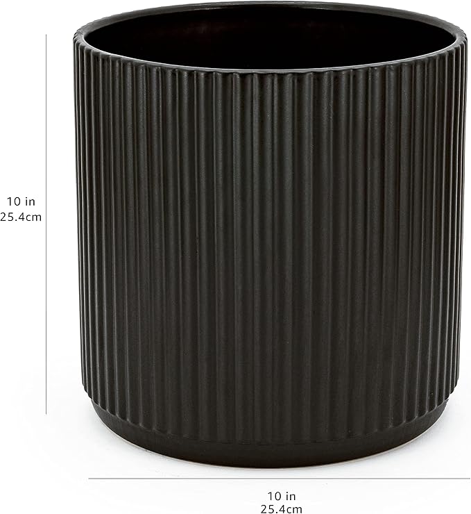 Amazon Basics Fluted Ceramic Round Planter, 10-Inch, Black