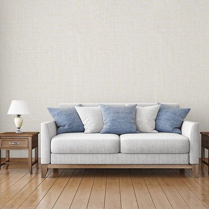 Yancorp 32.8ft Cream Textured Fabric Wallpaper Faux Grasscloth Beige Peel and - Image 2