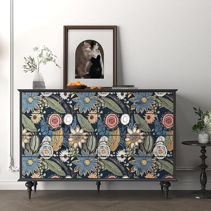 Boho Wallpaper Peel and Stick, Dark Vintage Floral Contact Paper, 17.5" x 197" - Image 3
