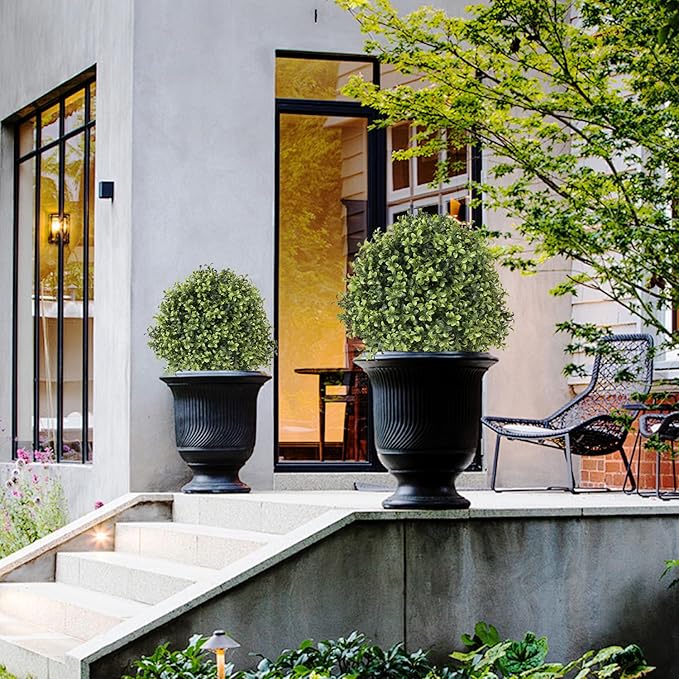 THE BLOOM TIMES 2ft Faux Boxwood Plants Outdoor Set of 2, Topiary Balls Artificial Outside Trees, 24" UV Resistant Fake Greenery Bushes & Shrubs for Front Porch Planter