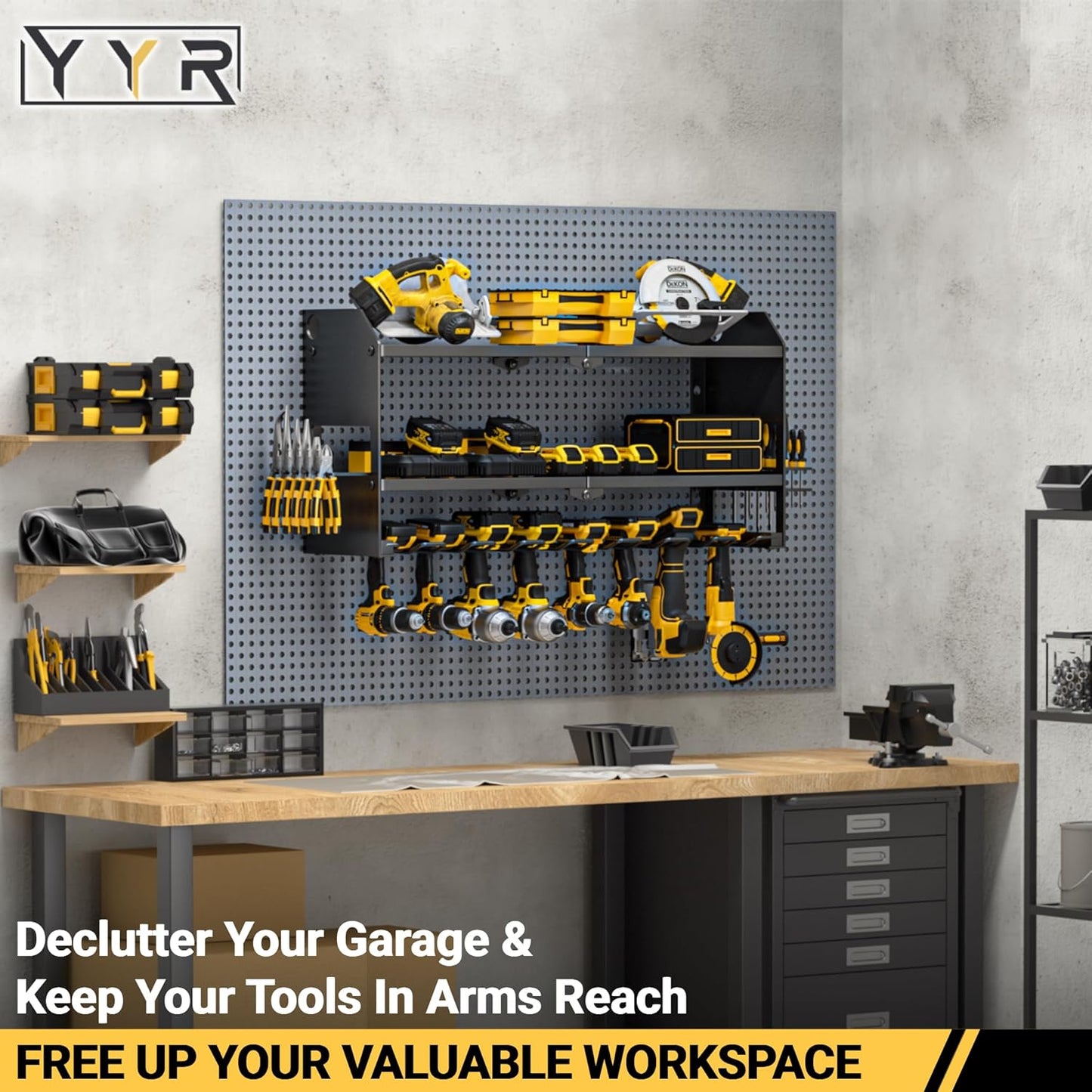 YYR Power Tool Organizer Wall Mount, Cordless Drill and Battery Holder, Electric Tools Hanger Storage Rack, Garage Organization Floating Shelf - Metal, Black