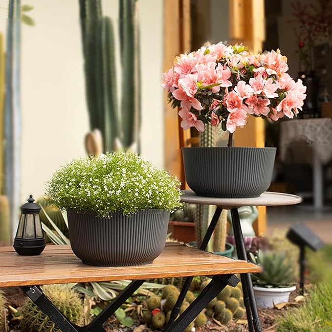 T4U 12 Inch Large Self Watering Plant Pots, Wide Self Watering Planter with Drainage Hole, Large Plant Pots Flower Pot for Plants, Set of 2,Gray