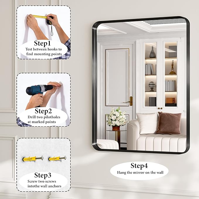 60X28 Inch Black Metal Framed Bathroom Mirror - Image 7