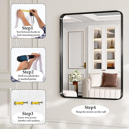 60X28 Inch Black Metal Framed Bathroom Mirror - Image 7