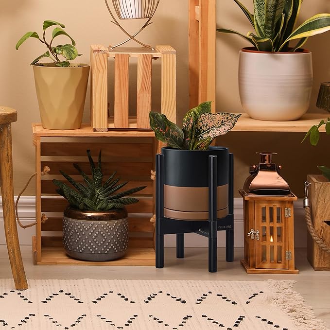 D'vine Dev Ceramic Planter with Ebony Stand - 8 Inch Modern Round Flower Pot with Wood Planter Holder, Black/Speckled Tan, 55-B-M-7