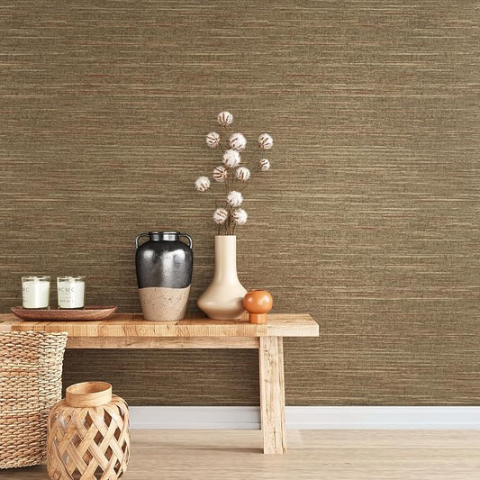 VEELIKE 15.7''x354'' Gold Brown Grasscloth Wallpaper Textured Woven Grass Cloth - Image 2