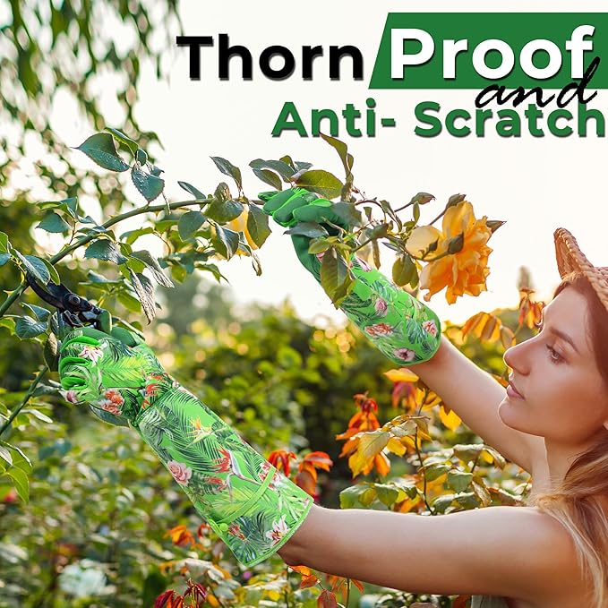 HANDLANDY Women Gardening Gloves, Thorn Proof Breathable Ladies Rose Pruning Long Gauntlet Floral Print Garden Yard Gloves, Gift for Gardeners (Green, L)