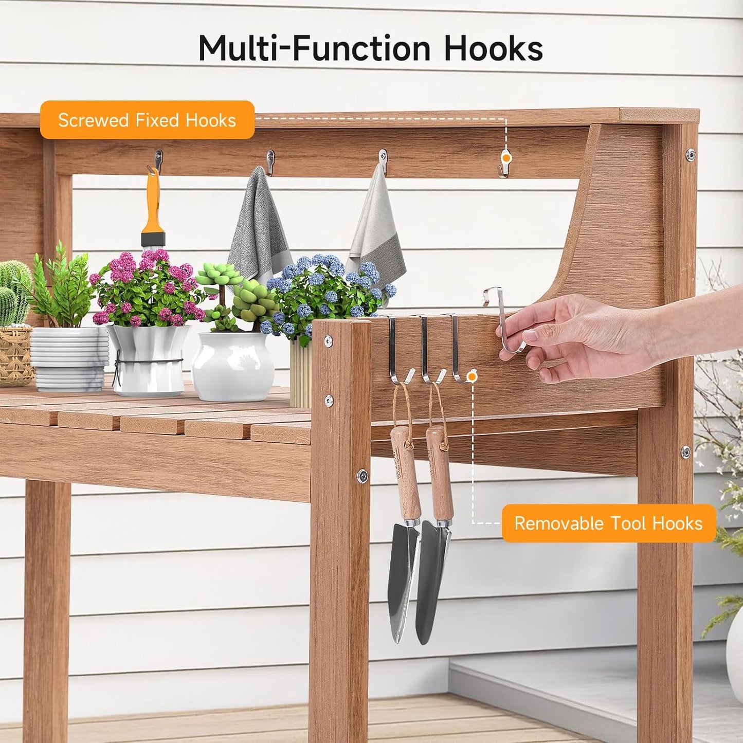 HDPS Potting Bench, All Weather Potting Table with 8 Hooks and Highten Tabletop, Easy Assembly Garden Work Bench, Outdoor Potting Benches for Outside Patio Lawn, 360LBS Capacity, Teak