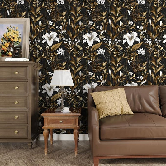 Laatse Black White Floral Wallpaper Peel and Stick, Dark Gold Vintage Contact - Image 2
