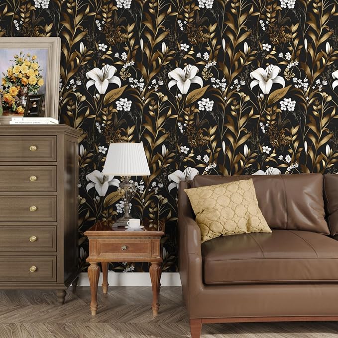 Laatse Black Gold Wallpaper Peel and Stick, Dark White Floral Vintage Contact - Image 2