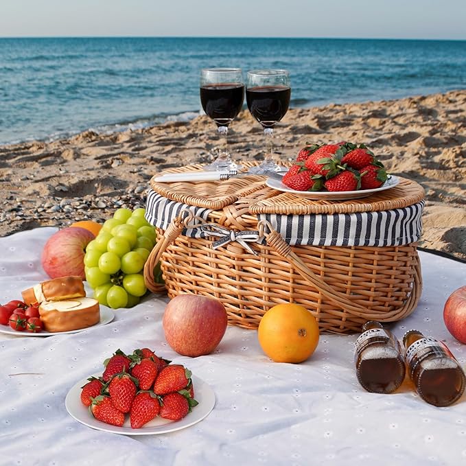 Happypicnic Wicker Picnic Basket with Handle, 15" Large Empty Picnic Basket with Lid & Removable Liner, Vintage Hand Woven Basket for Picnics, Camping, Veg Picking, Mother'S Day, Thanksgiving (Stripe)